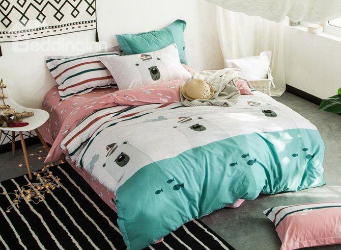 Lovely Cartoon Bear And Fish Print 4-piece Cotton Duvet Cover Sets