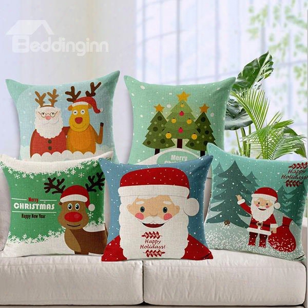 Lovely Santa Claus Christmas Tree Elk Print Cotton Linen Throw Pillow For Chrsitmas