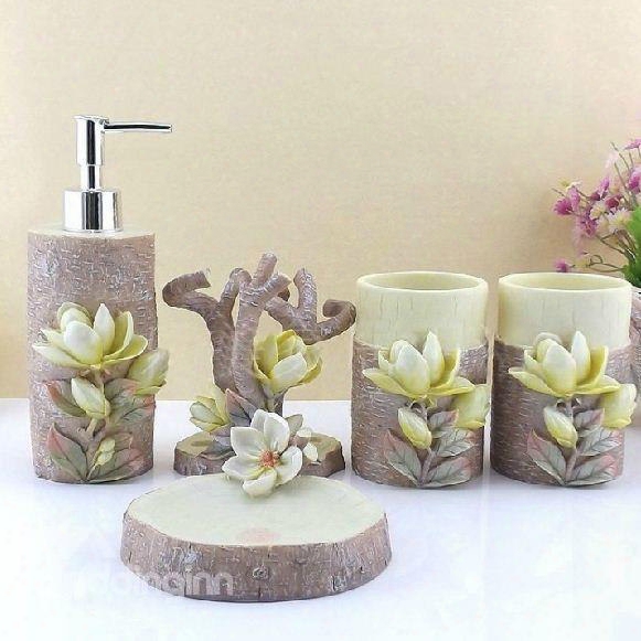 Magnolia Pattern Resin 5-pieces Bathroom Accessories
