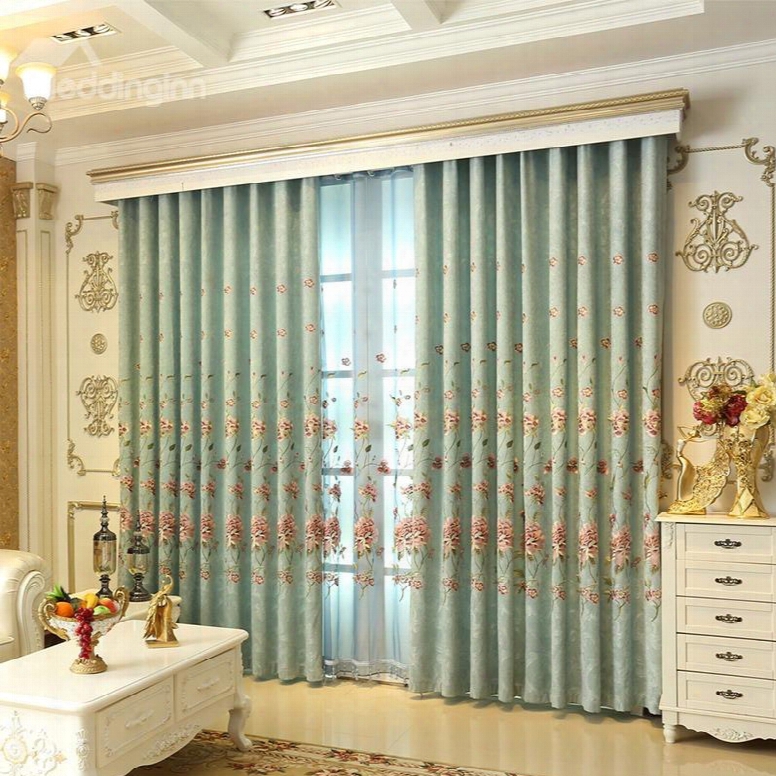 Modern And Pastoral Style Light Green With Bautiful Flowers 2 Panels Grommer Top Curtain