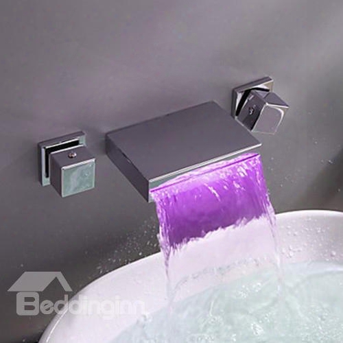 Modern Widespread Wall Mount Waterfall Htree Colors Led Bathroom Sink Faucet