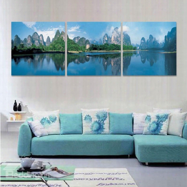 Mount And River Scenery Pattern Hanging 3-piece Canvas Waterproof And Eco-friendly Framed Prints