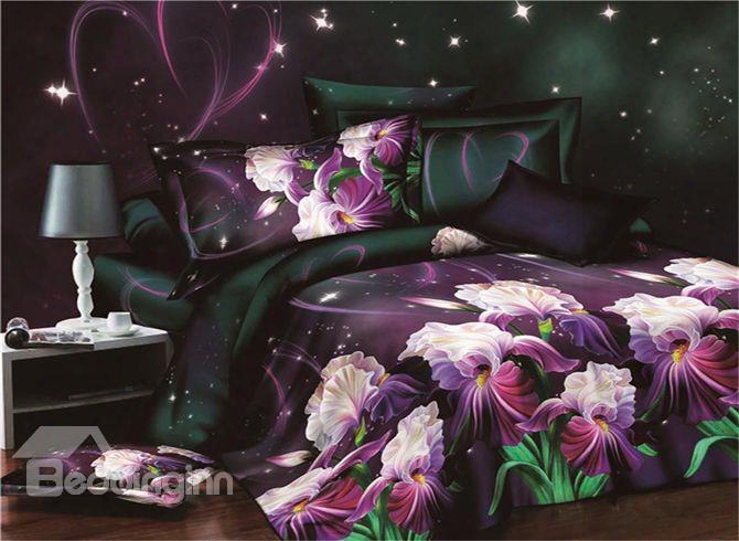 Mysterious Purple Flower Print 4-piece Polyester Duvet Cover Sets