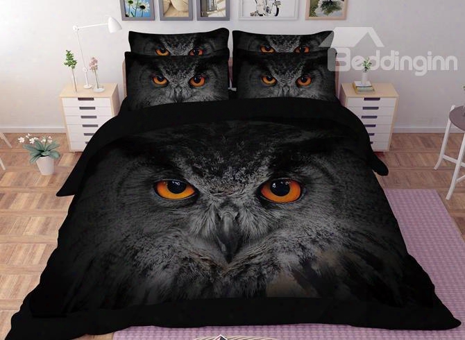 Mysterious Vivid Owl Print 4-piece Polyester Duvet Cover Sets