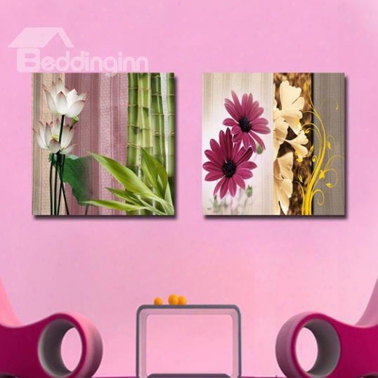 New Arrival Beautiful Colorful Flowers And Bamboo Print 2-piece Cross Film Wall Art Prints