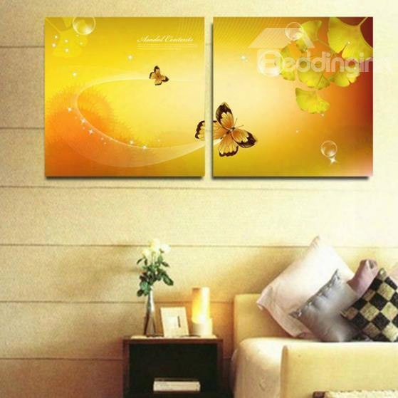 New Arrival Lovely Golden Butterfly And Leaves Print 2-piece Cross Film Wall Art Prints