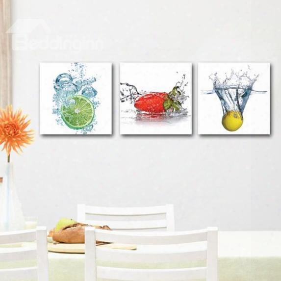 New Arrival Lovely Lemons And Strawberry Ih Water Print 3-piece Cross Film Wall Art Prints