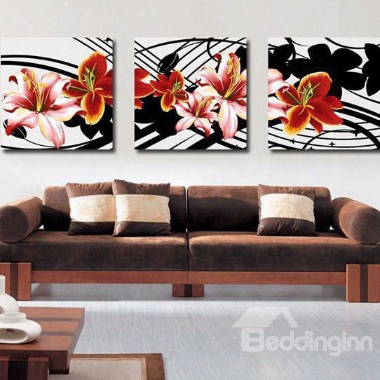 New Arrival Pretty Pink And Brown Lily Flowers Print 3-piece Cross Film Wall Art Prints