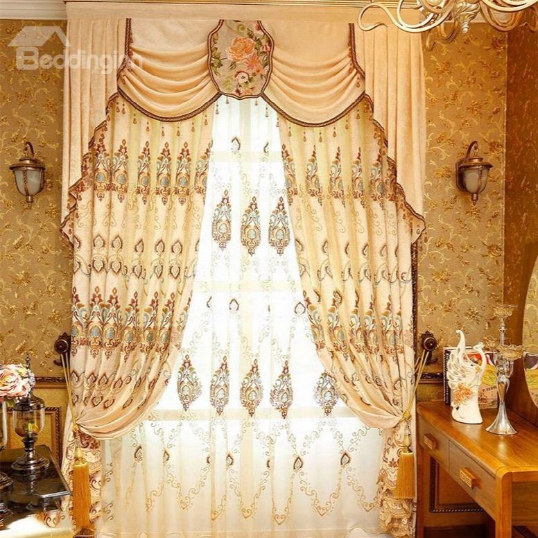 Noble And Elegant Beige Color Classical Pattern 2 Panels Sheer Curtain