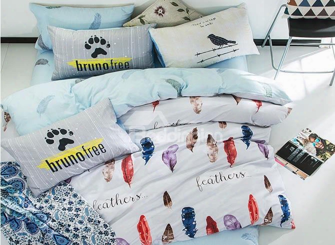 Nordic Style Colorful Feathers Printed Cotton White Kids Duvet Covers/bedding Sets