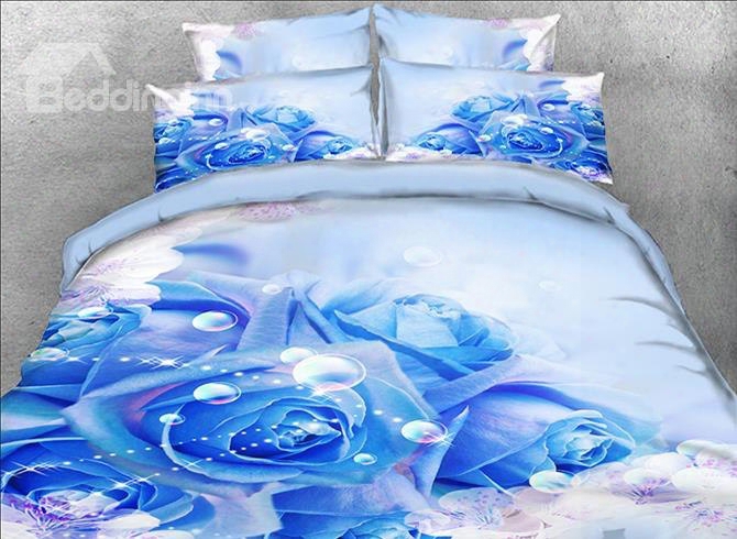 Onlwe 3d Blue Roses And Bubbles Printed 5-piece  Comforter Sets