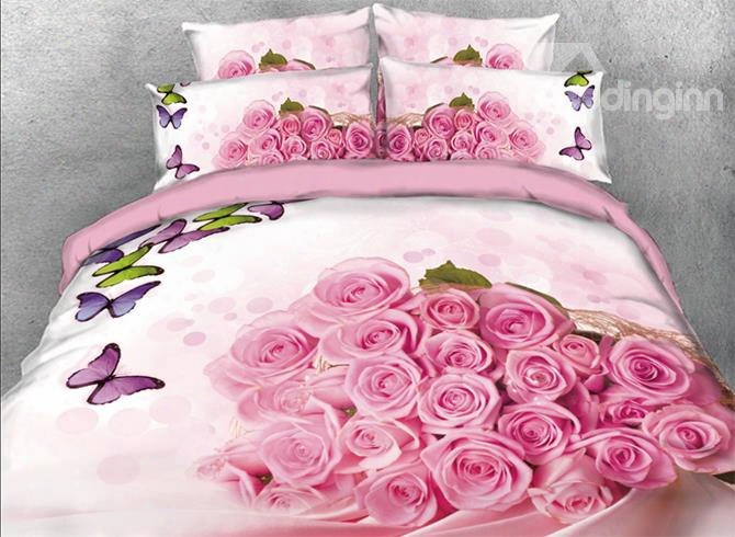 Onlwe 3d Bunch Of Pink Roses Colorful Butterflies 4-piece Bedding Sets/duvet Covers