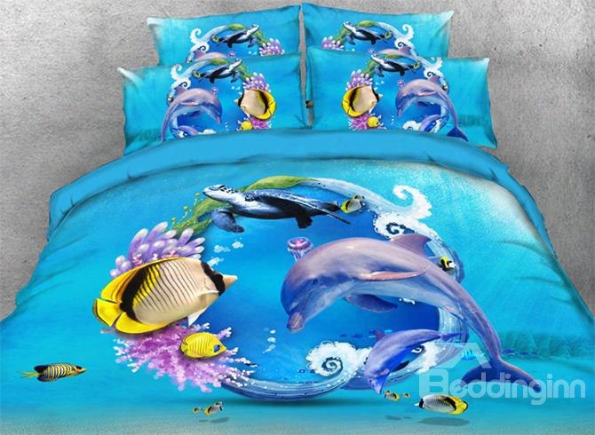 Onlwe 3d Dolphin Turtle Aand Tropical Fish Printed 4-piece Bedding Sets/duvet Covers
