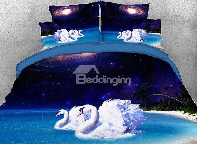 Onlwe 3d Swans Night Beach Galaxy Scenery Cotton 4-piece Bedding Sets/duvet Covers