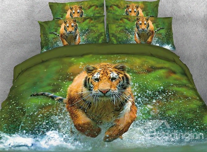 Onlwe 3d Tiger Running Through Water Printed 4-piece Animal Bedding Sets/duvet Covers