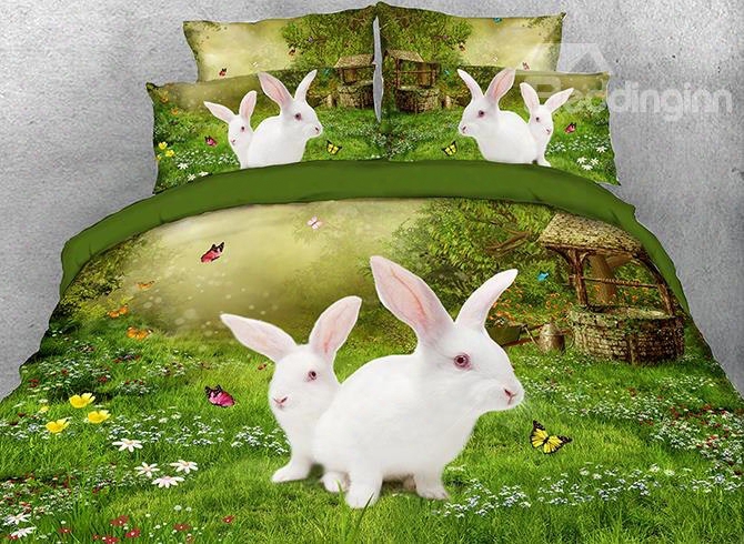 Onlwe 3d White Rabbits With Butteerflies Printed Cotton 4-piece Bedding Sets/duvet Covers