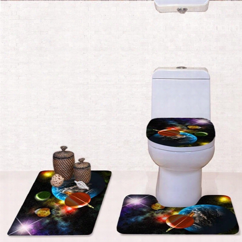 Operating Planets Pattern 3-piece Flannel Pvc Soft Water-absorption Anti-slid Toilet Seat Covers