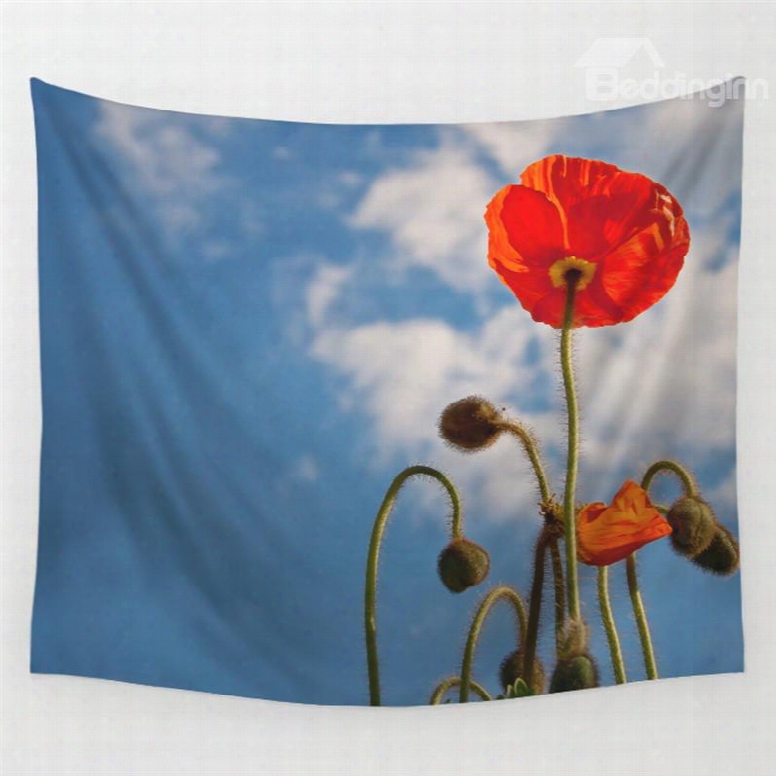 Orange Corn Poppy With Blue Sky Pattern Decorative Hanging Wall Tapestry