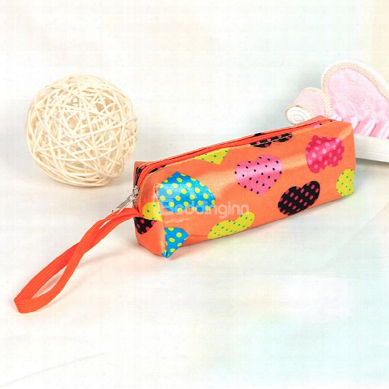 Orange Heart-shaped Pattern Pen Pencil Case Coin Purse Cosmetic Bag