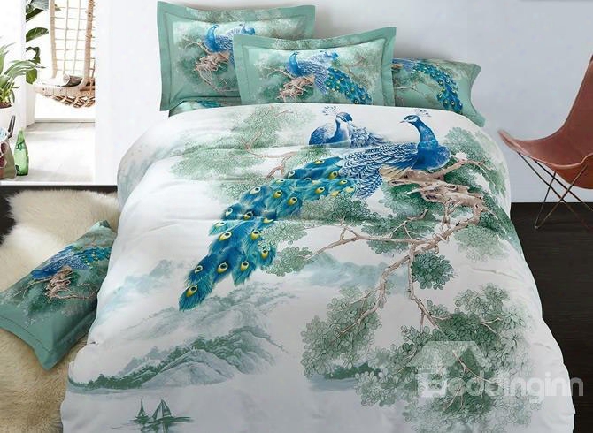 Pair Of Peacocks On Branches Pattern Brushed Cotton 4-piece Bedding Sets/duvet Cover