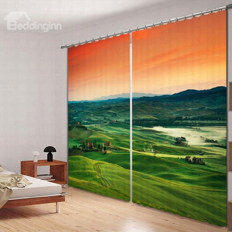 Picturesque Views Of The Grassland At Dusk Printed 3d Curtain