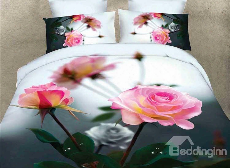 Pink Rose Wiht Gray Background 4-piece Duvet Cover Sets