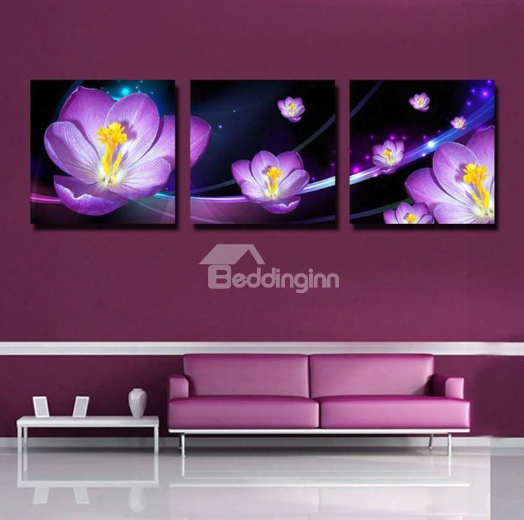 Purple 3d Flowers Print 3-piece Cross Film Wall Art Peints