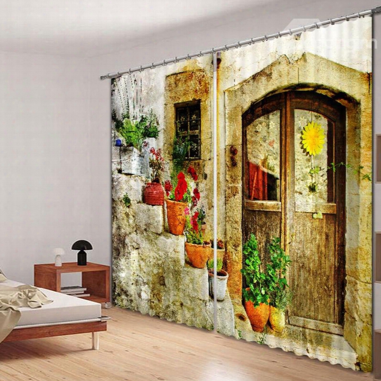 Quaint Door And Colored Flowers Printed 3d Curtain