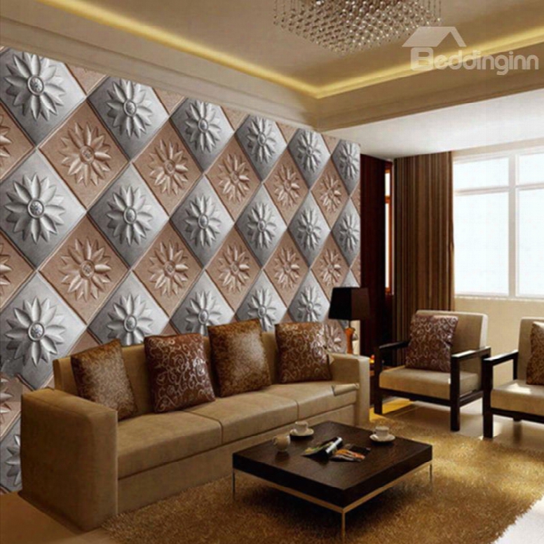 Realistic Grey And Coffee Square Plaid Pattern Living Room Decoration Wall Murals