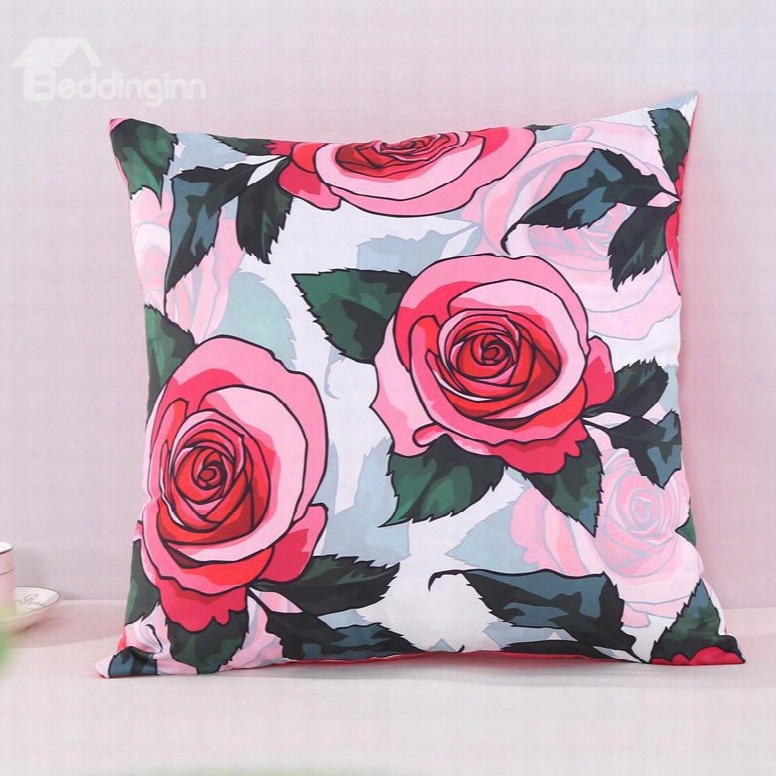 Red Roses And Green Leaves Pattern Decorative Square Polyester Throw Pillowcases