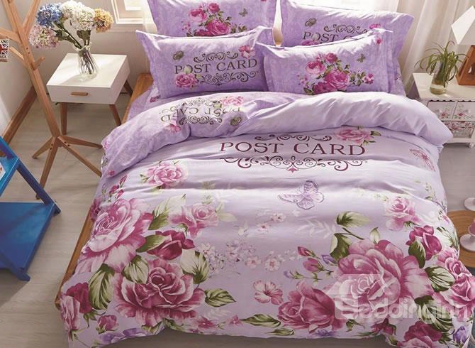 Roses Printed Cotton Light Purple Kids Duvet Covers/bedding Sets