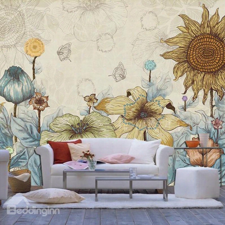 Simple Style Sunflower Pattern Decorative Waterproof 3d Wall Murals