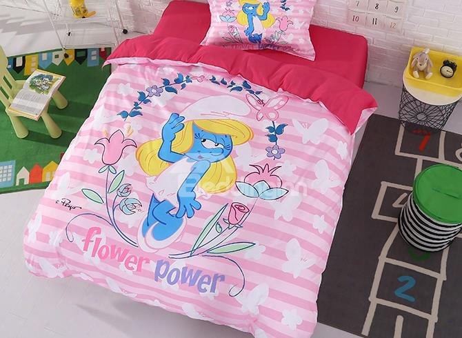 Smurfette With Flower And Butterflies Pink Twin 3-piece Kids Bedding Sets