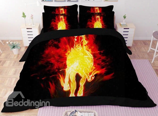 Stunning Flaming Horse Print 4-piece Polyester Duvet Cover Sets