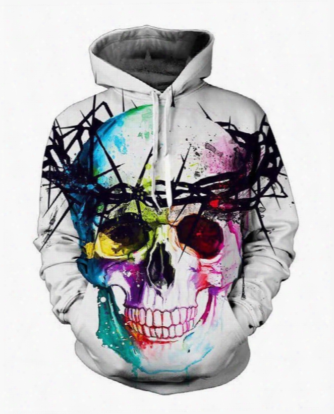Super Cool Long Sleeve Colorful Skull Pattern 3d Painted Hoodie