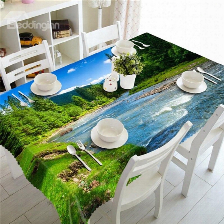 Thick Green Forest And Flowing River Printing Decorative And Oil-proof Table Cover