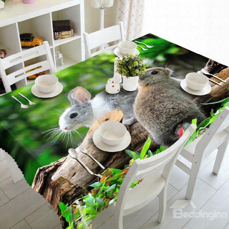 Two Lovely Rabbits In The Forest Washable Dining Room Decorstion 3d Tablecloth