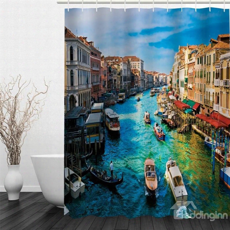 Water Tower Printed Polyester Waterproof Antibacterial And Eco-friendly Shower Curtain