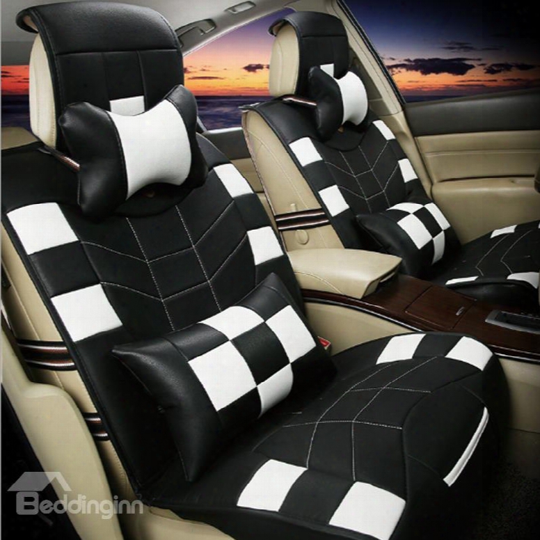 White Grid Style Pattern Design With Friction Resistance Pu Leather Material Universal Five Car Seat Cover