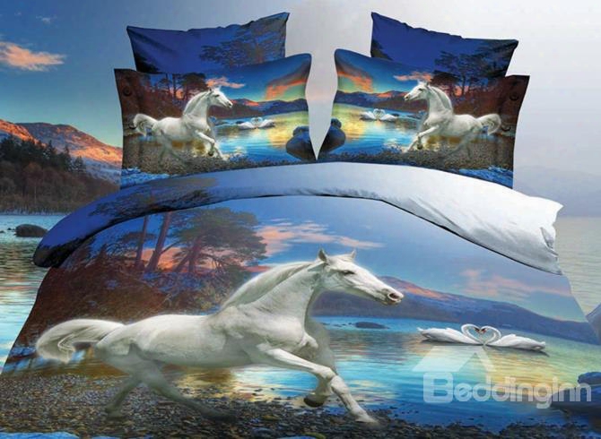 White Horse And Swan Couples Print 4-piece Polyester 3d Duvet Cover Sets
