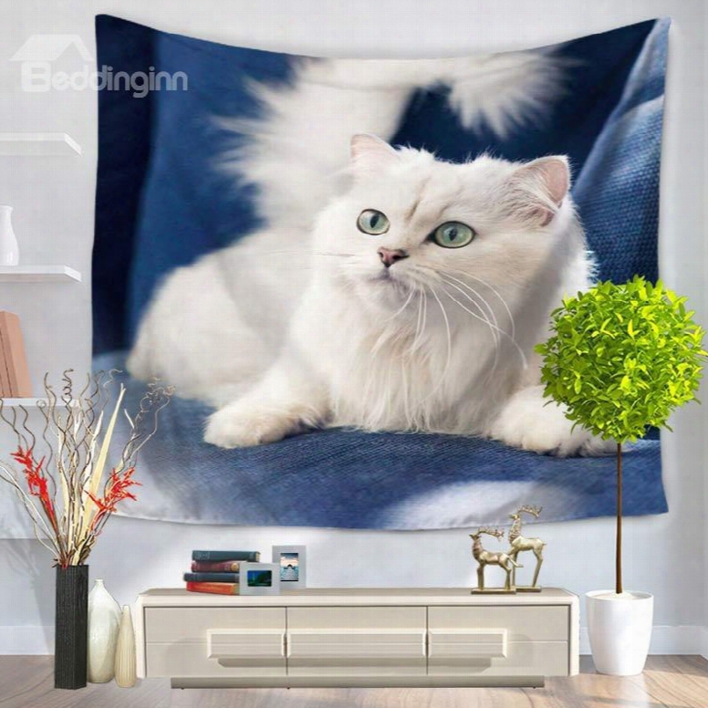 White Persian Cat On Chair With Bright Eyes Decorative Hanging Wall Tapestry