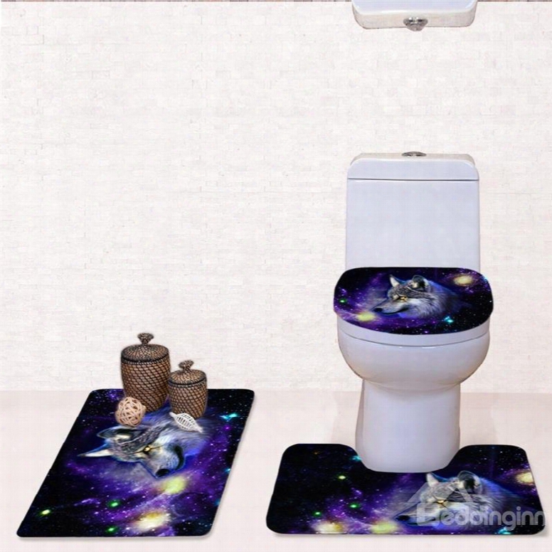 Wolf Galaxy Pattern 3-piece Flannel Pvc Soft Water-absorption Anti-slid Toilet Seat Covers