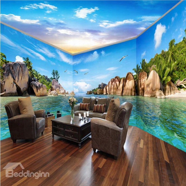 Wonderful Blue Sea And Island Pattern Combined Waterproof 3d Ceiling And Wall Murals