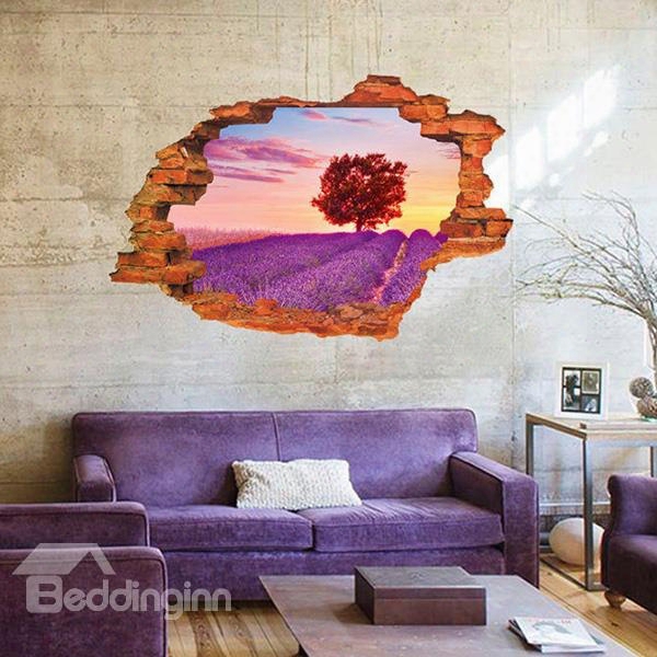 Wonderful Wall Hole View Lavender Field Removable 3d Wall Sticker