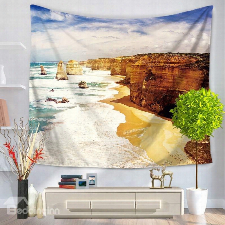 Yellow Seaside Beach And Rocks Pattern Decorative Hanging Wall Tapestry