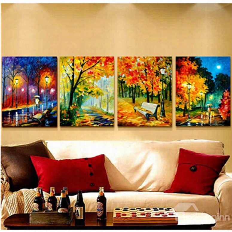 16␔24in␔4 Panels Yellow Leaves And Road Night Hanging Canvas Non-framed Wall Prints