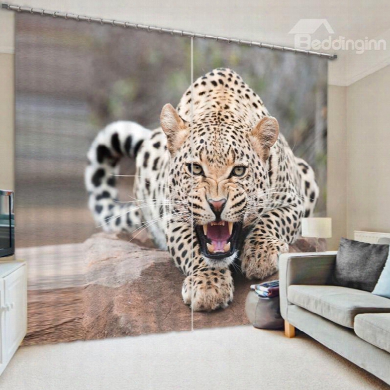 3d Angry Leopard Roaring Cheetah Printed 2 Panels Thick Polyester Living Room Window Curtain