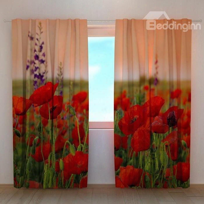 3d Beautiful Red Flowers Printed 2 Panels Custom Curtain For Living Room