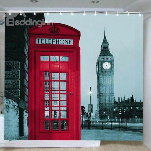 3d Big Ben And Red Telephone Booth Printed Polyester Bathroom Shower Curtain