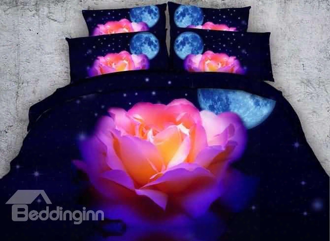 3d Blooming Pink Rose And Moon Printed 5-piece Comforter Sets